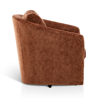 Brown accent chair with rounded back, short arms, and patterned seat cushion