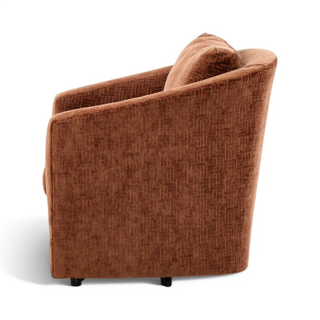 Brown accent chair with patterned upholstery and short block legs