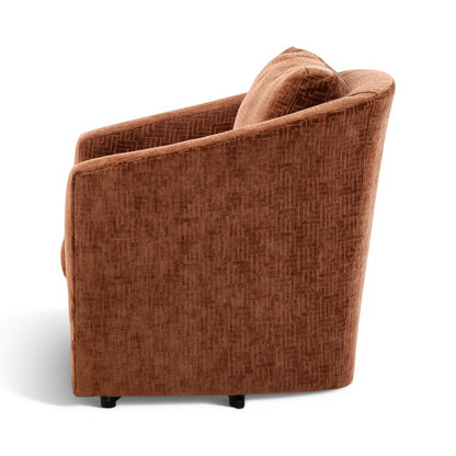 Brown accent chair with patterned upholstery and short block legs