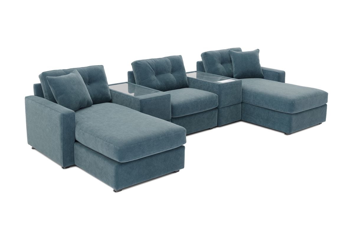 Teal modular sectional sofa with dual chaise arms, cushioned backrests, and clean legs.