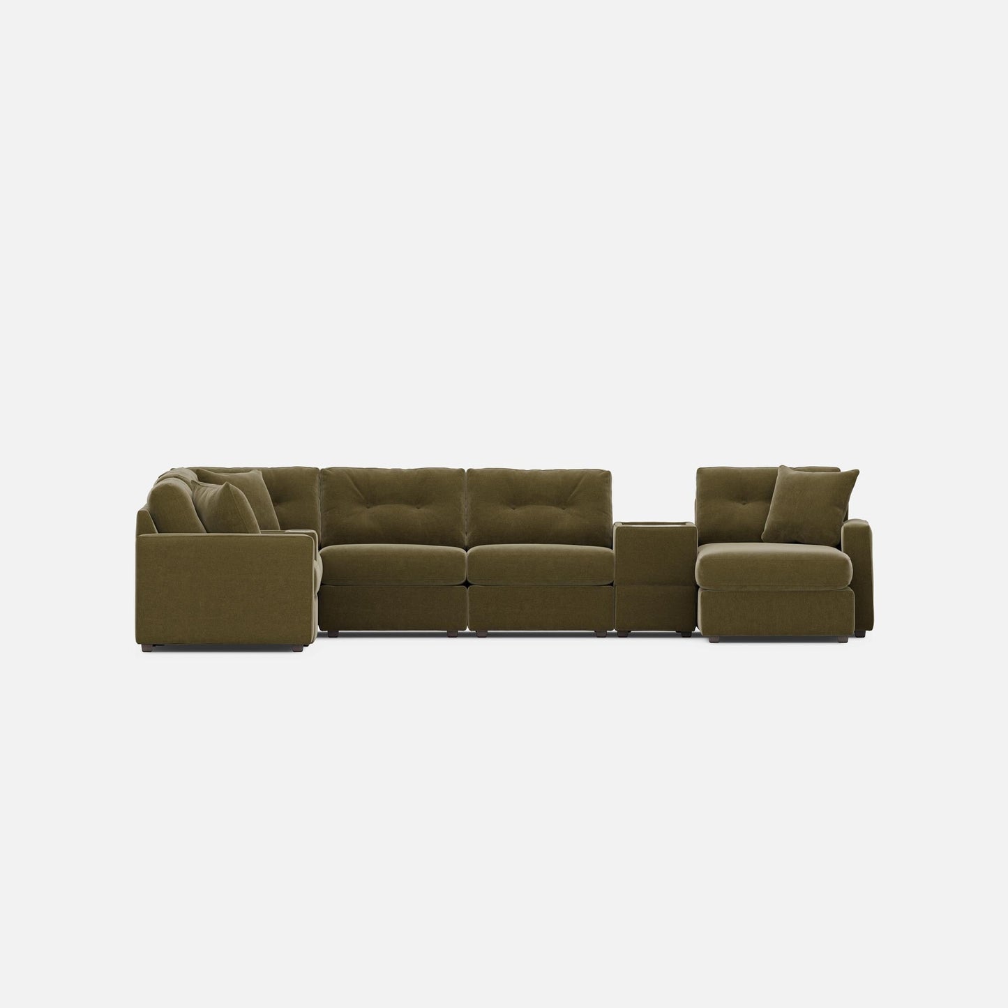 Moss green modular sectional sofa with corner seat and storage-style bases
