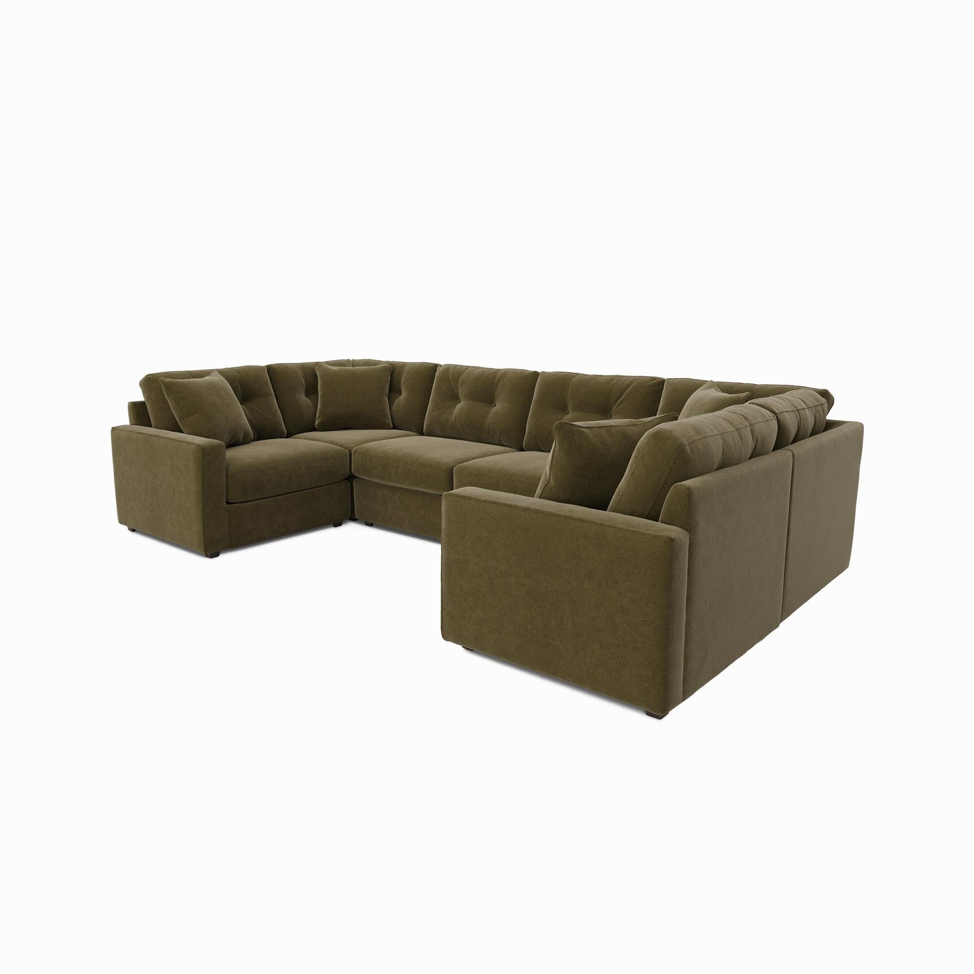 Olive modular sectional sofa with extended chaise and tufted back cushions