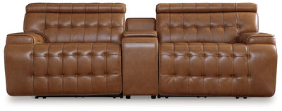 Brown power reclining sectional sofa with console and padded armrests