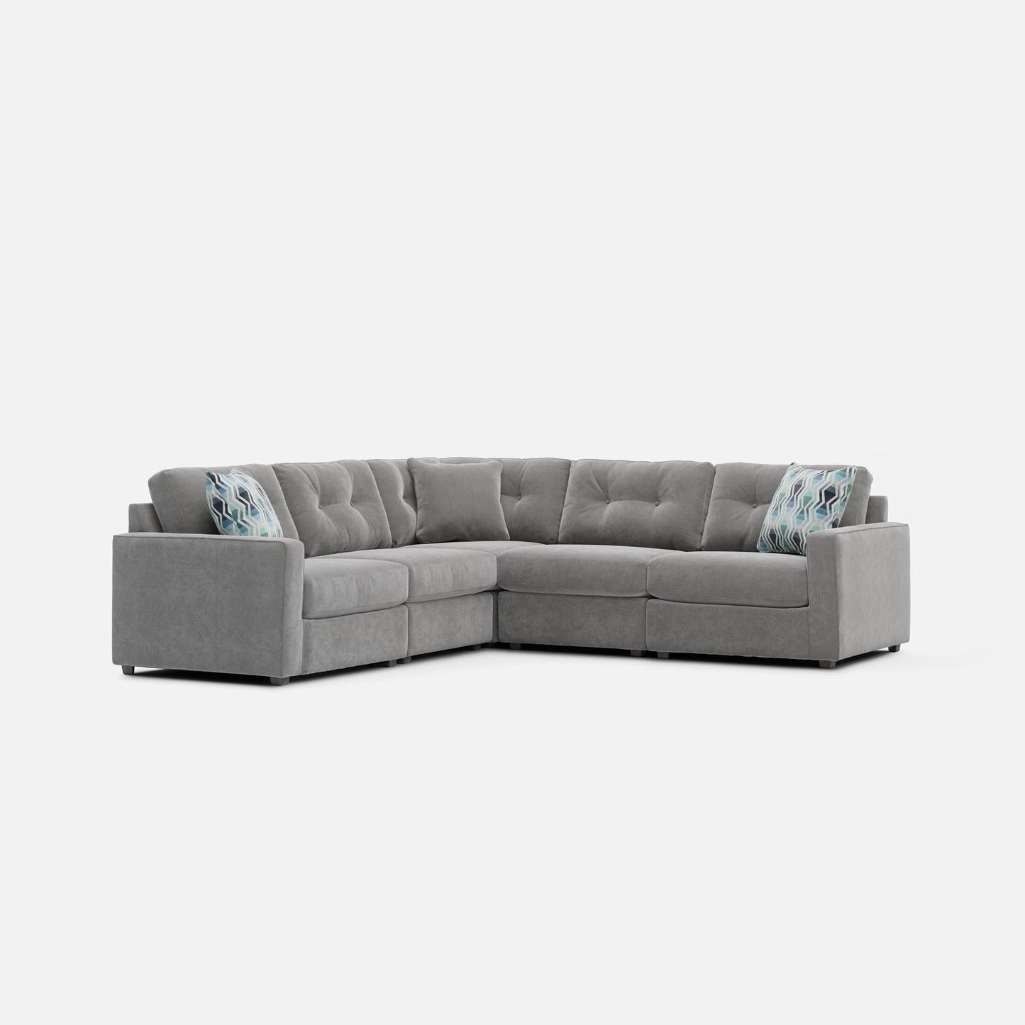 Gray modular sectional sofa corner configuration with square armrests and tufted back