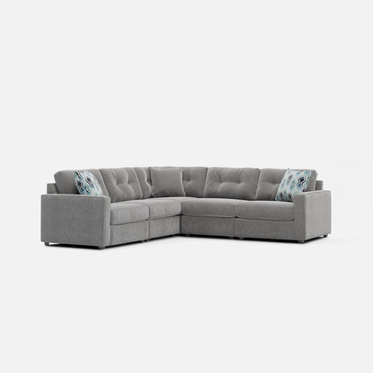 Gray modular sectional sofa corner configuration with square armrests and tufted back
