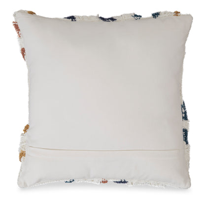 Square cream pillow with smooth front panel and frayed edges, dark accent corner