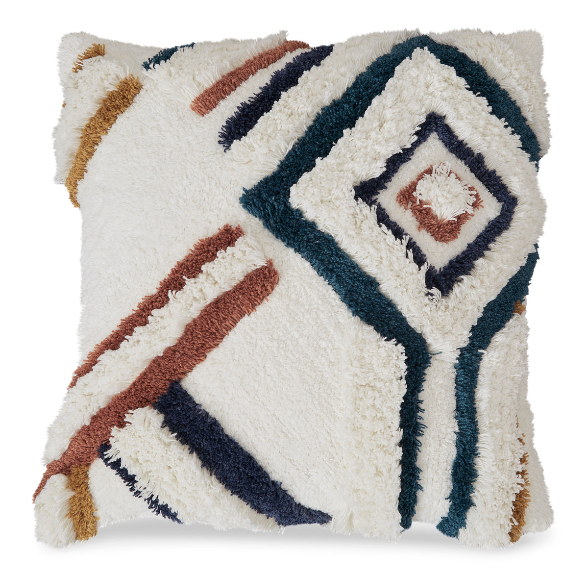 Square shag pillow with cream base and navy, teal, and rust striped geometric motif