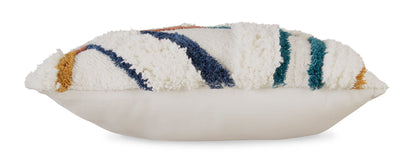Cream square pillow with folded top panel and navy-teal geometric stripes, frayed trim