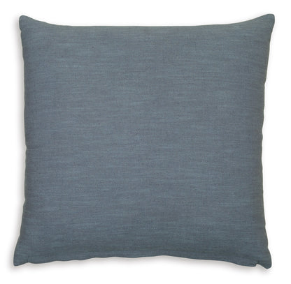 Blue square throw pillow with textured woven fabric and knife-edge seams