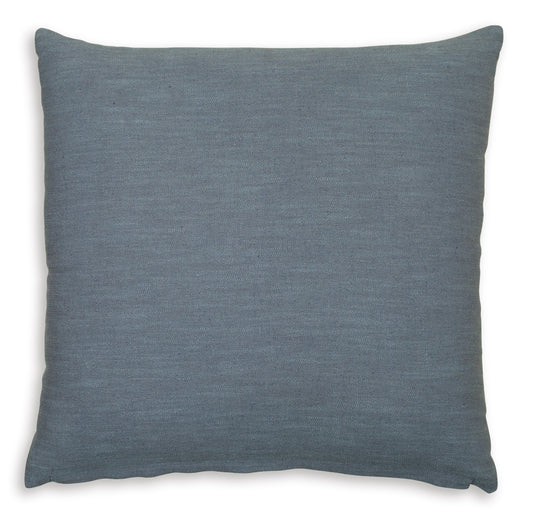 Blue square throw pillow with textured woven fabric and knife-edge seams