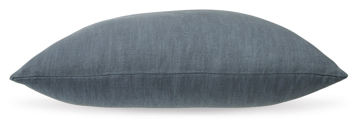 Blue lumbar throw pillow with textured woven fabric and rounded edges