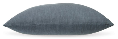 Blue lumbar throw pillow with textured woven fabric and rounded edges