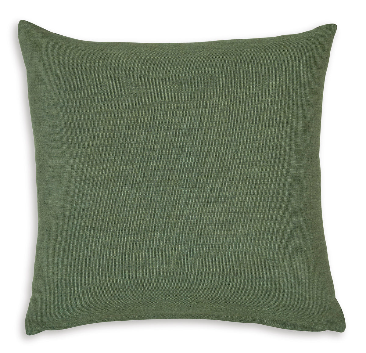 Green square throw pillow with textured woven fabric and knife-edge seams