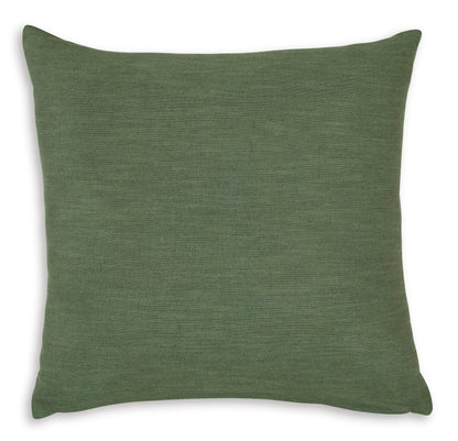 Green square throw pillow with textured woven fabric and knife-edge seams