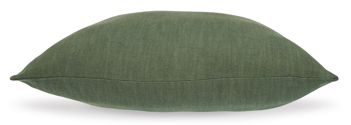 Green lumbar throw pillow with textured woven fabric and rounded edges