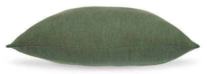 Green lumbar throw pillow with textured woven fabric and rounded edges