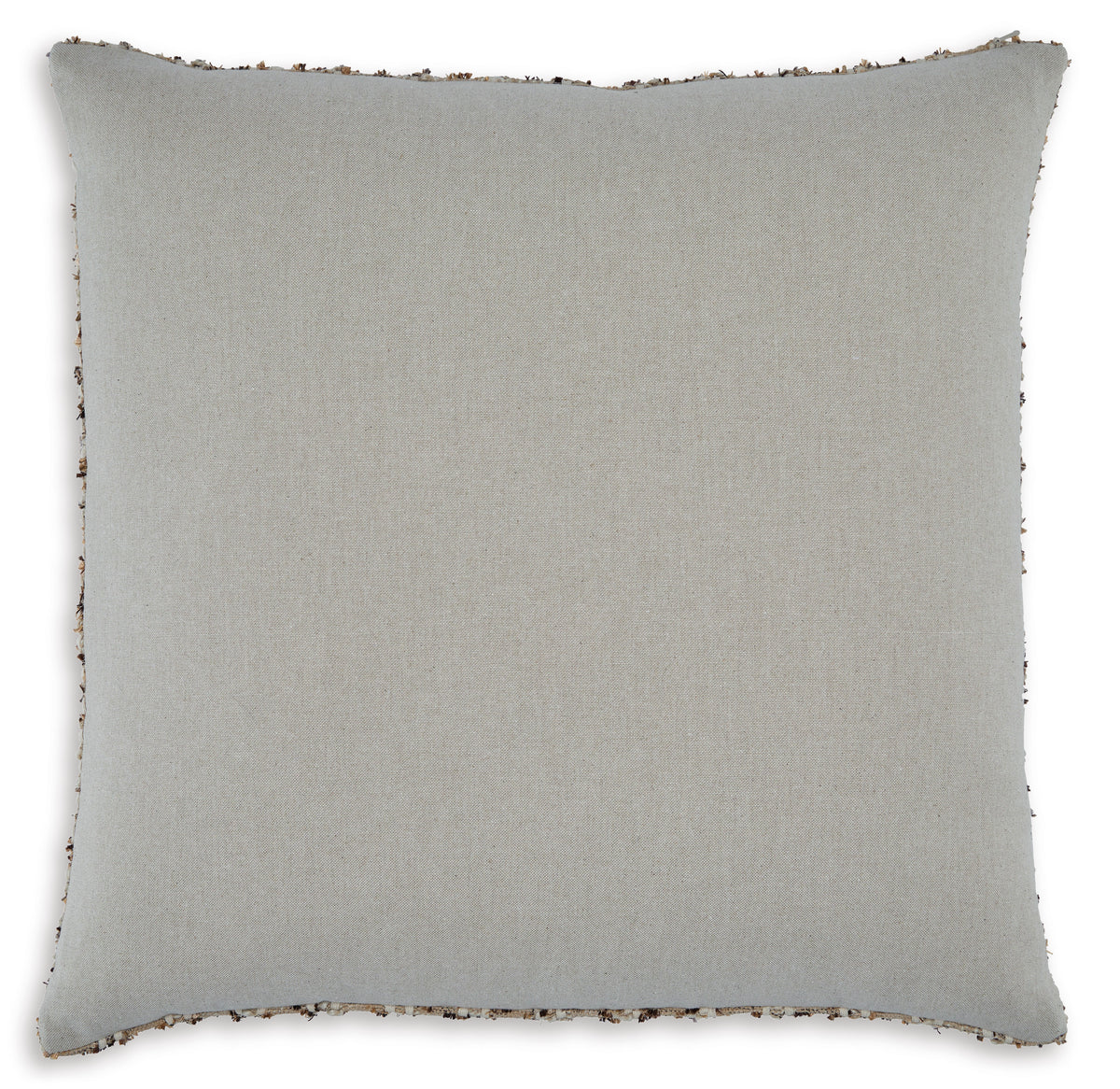 Light gray square decorative pillow with stitched border and frayed edges