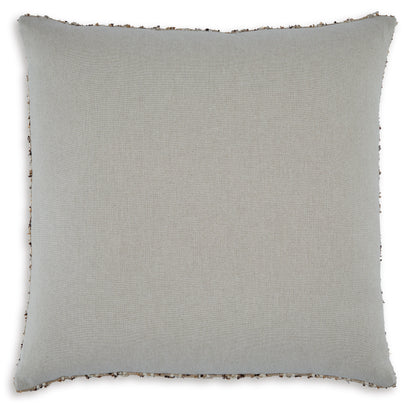 Light gray square decorative pillow with stitched border and frayed edges