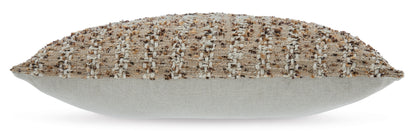 Beige woven decorative pillow showing side seam and flat edge profile
