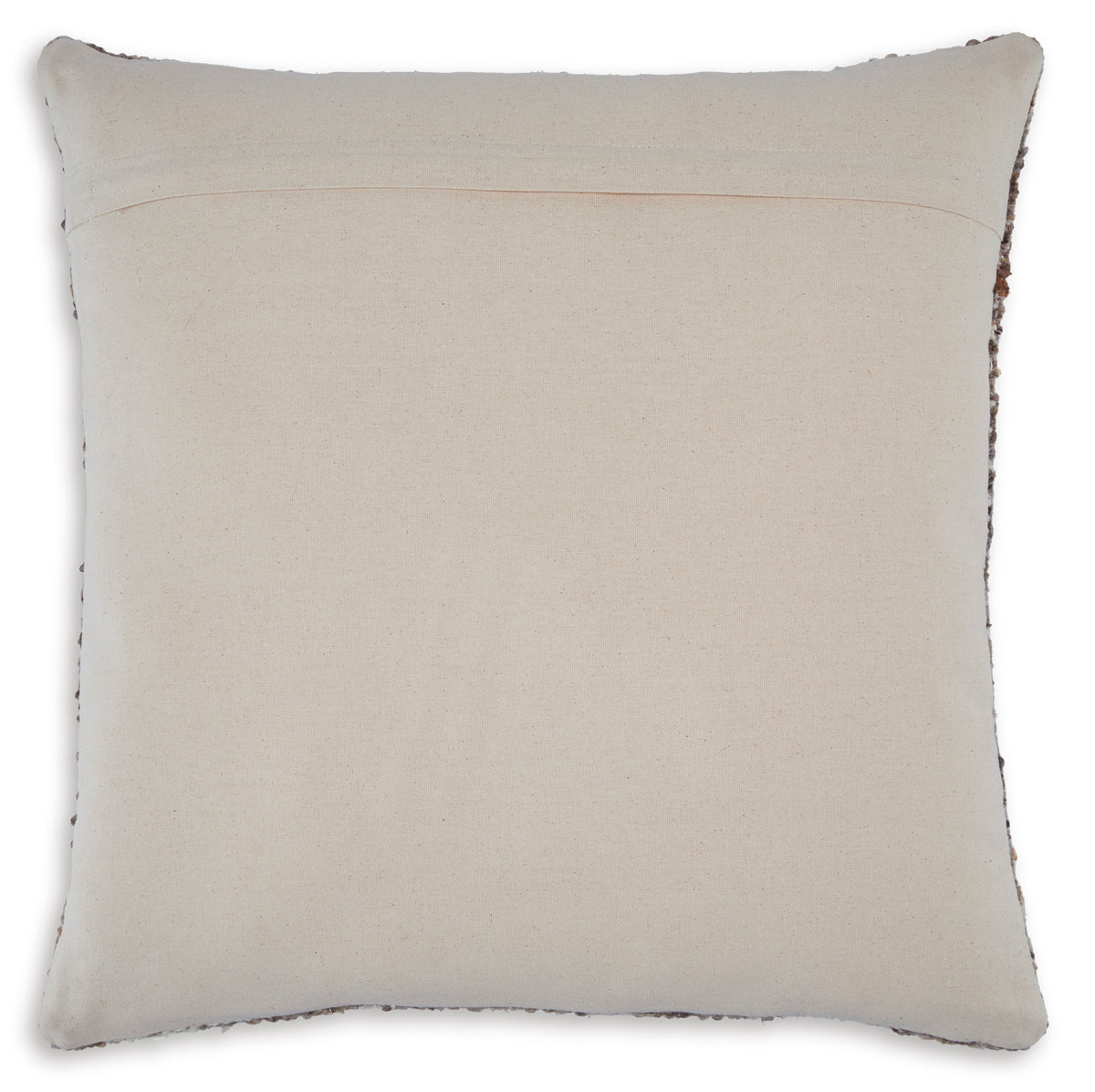 Beige square throw pillow with stitched edges and subtle textured fabric