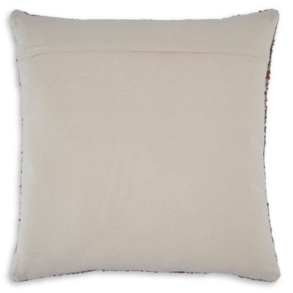 Beige square throw pillow with stitched edges and subtle textured fabric
