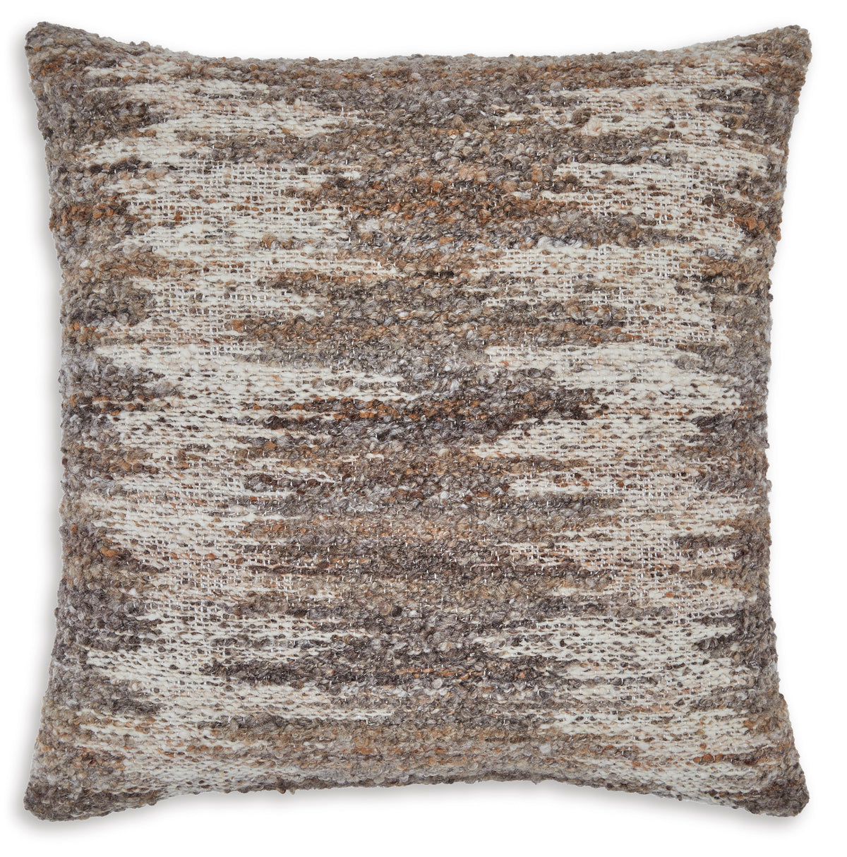 Textured square throw pillow with brown, tan, and gray horizontal stripe weave