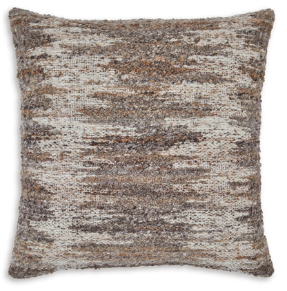 Textured square throw pillow with brown, tan, and gray horizontal stripe weave