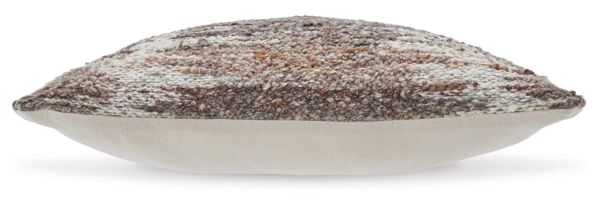Textured throw pillow with brown-tan-gray top and cream side panel