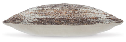 Textured throw pillow with brown-tan-gray top and cream side panel