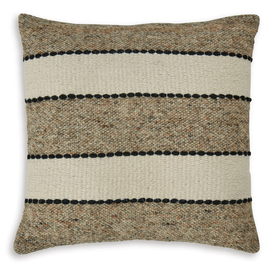 Ashley Rueford pillow with woven texture and three black horizontal stripe bands