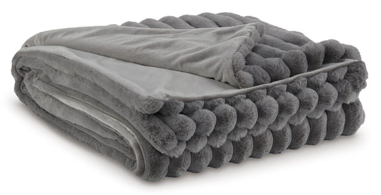 Gray plush throw blanket, folded with chunky ribbed loop texture