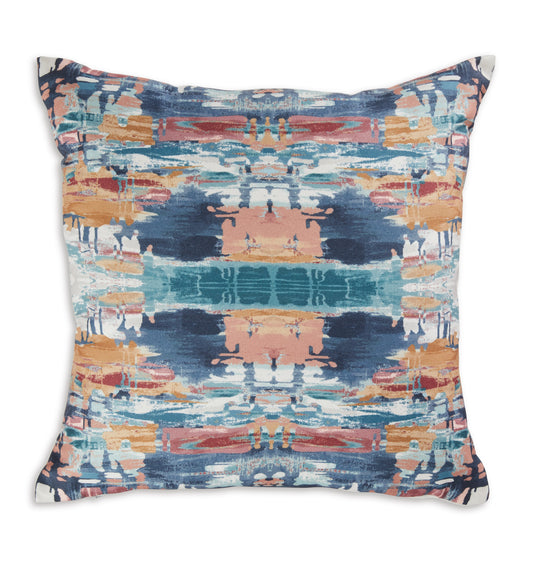 Square decorative pillow with blue, orange, and tan abstract geometric pattern