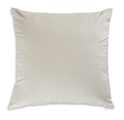 Light beige square throw pillow with smooth fabric and stitched edges