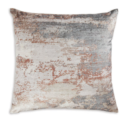 Square throw pillow with mottled distressed design in beige, gray, and rust
