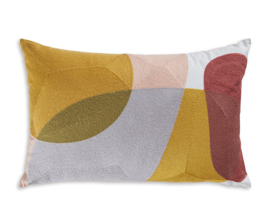 Geometric accent pillow with yellow, gray, blush, and rust abstract shapes
