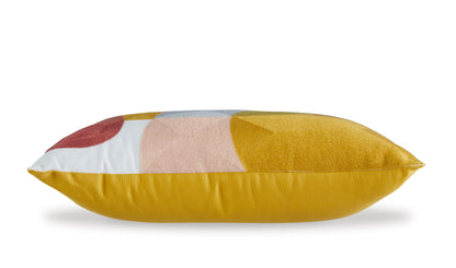 Abstract geometric rectangular pillow in mustard, gray, blush, and rust