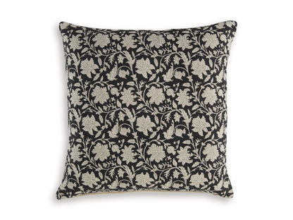 Square decorative pillow with black fabric and beige floral vine pattern