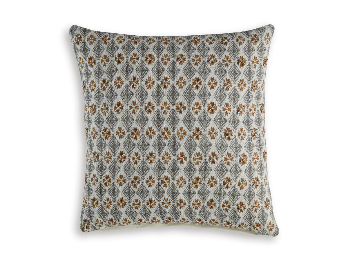 Decorative square pillow in light gray with repeating brown and gold floral motif