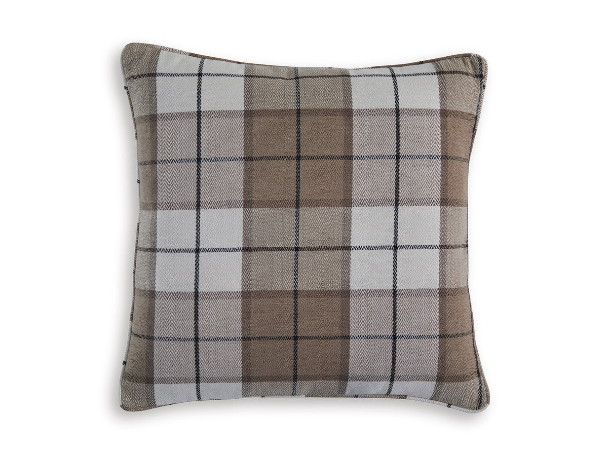 Square plaid decorative pillow with gray, taupe, and dark blue grid lines