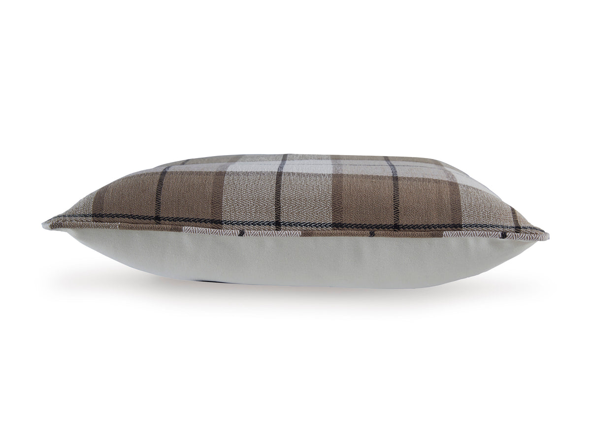 Plaid square pillow with overhang seam detail and matching edge piping