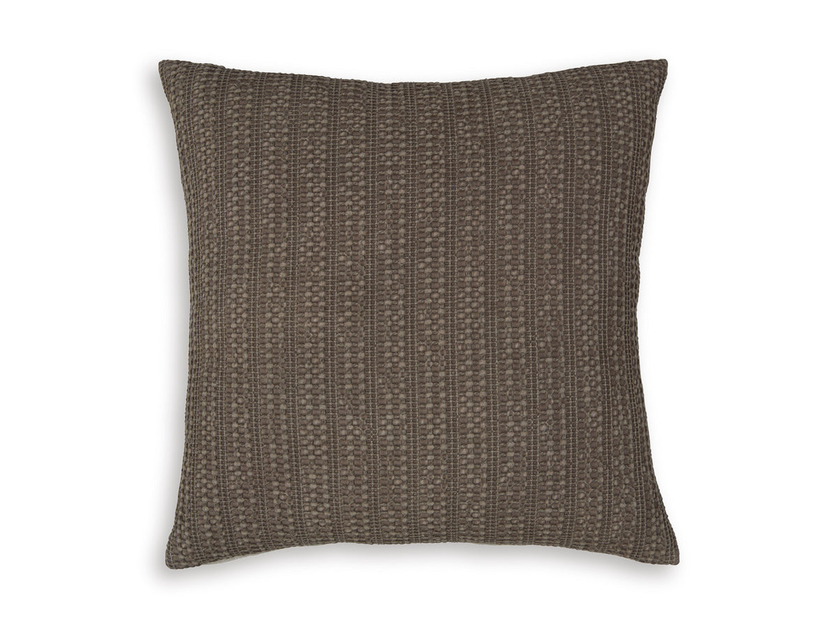 Textured square decorative pillow in dark taupe with vertical stitched pattern