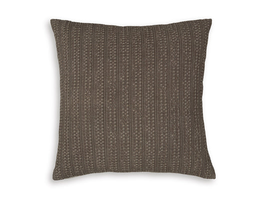 Textured square decorative pillow in dark taupe with vertical stitched pattern