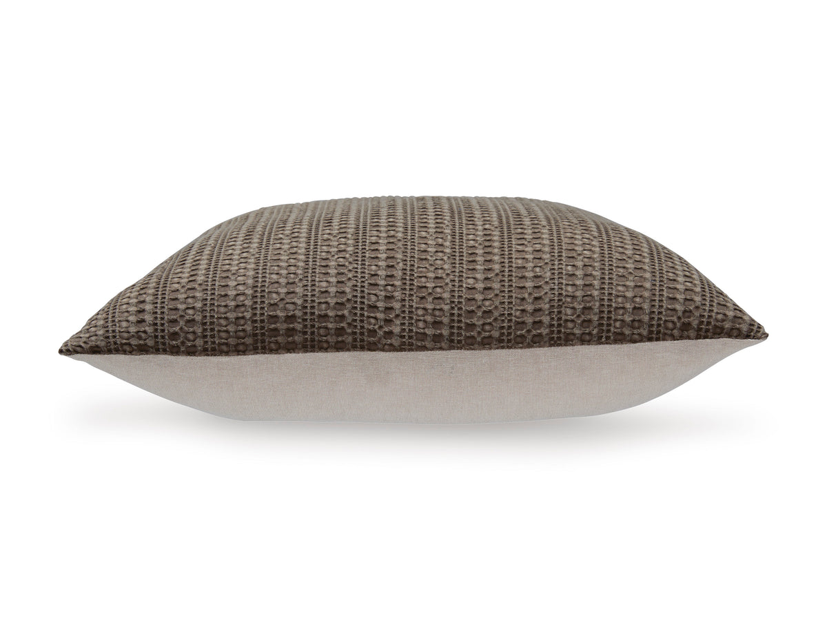 Textured decorative pillow with taupe-brown patterned cover and solid gray back