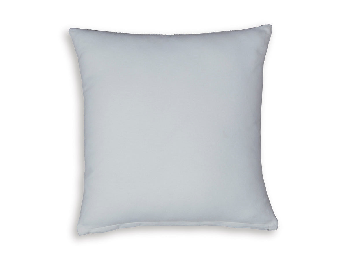 Light blue square throw pillow with smooth fabric and stitched edges