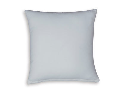 Light blue square throw pillow with smooth fabric and stitched edges