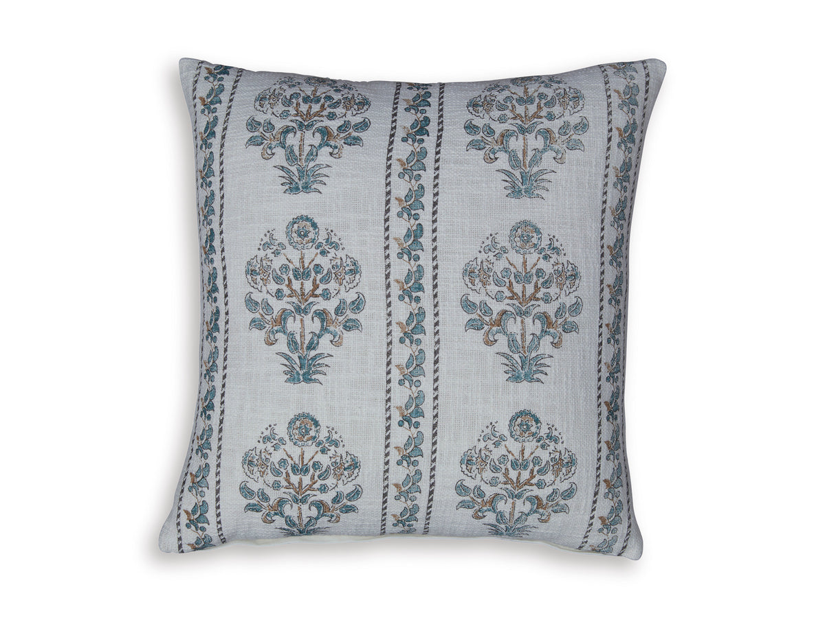 Square decorative pillow with white base and blue floral medallion print