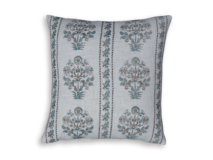 Square decorative pillow with white base and blue floral medallion print