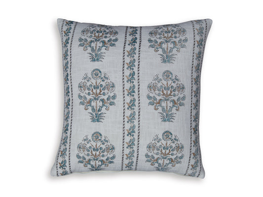 Square decorative pillow with white base and blue floral medallion print