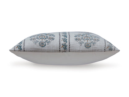Decorative lumbar pillow in white with blue ornamental stripes and border