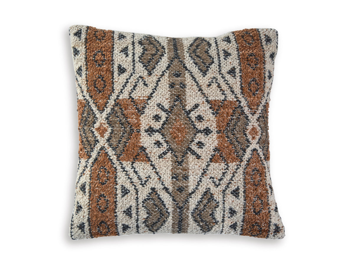 Geometric patterned square throw pillow in brown, orange, and cream